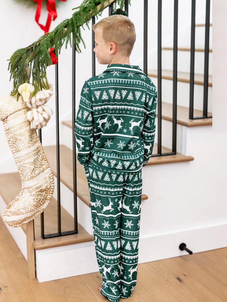 Christmas Matching Family Pajamas Set Allover Reindeer and Snowflake Print Long-sleeve Collared PJS with Christmas Socks Dark Green