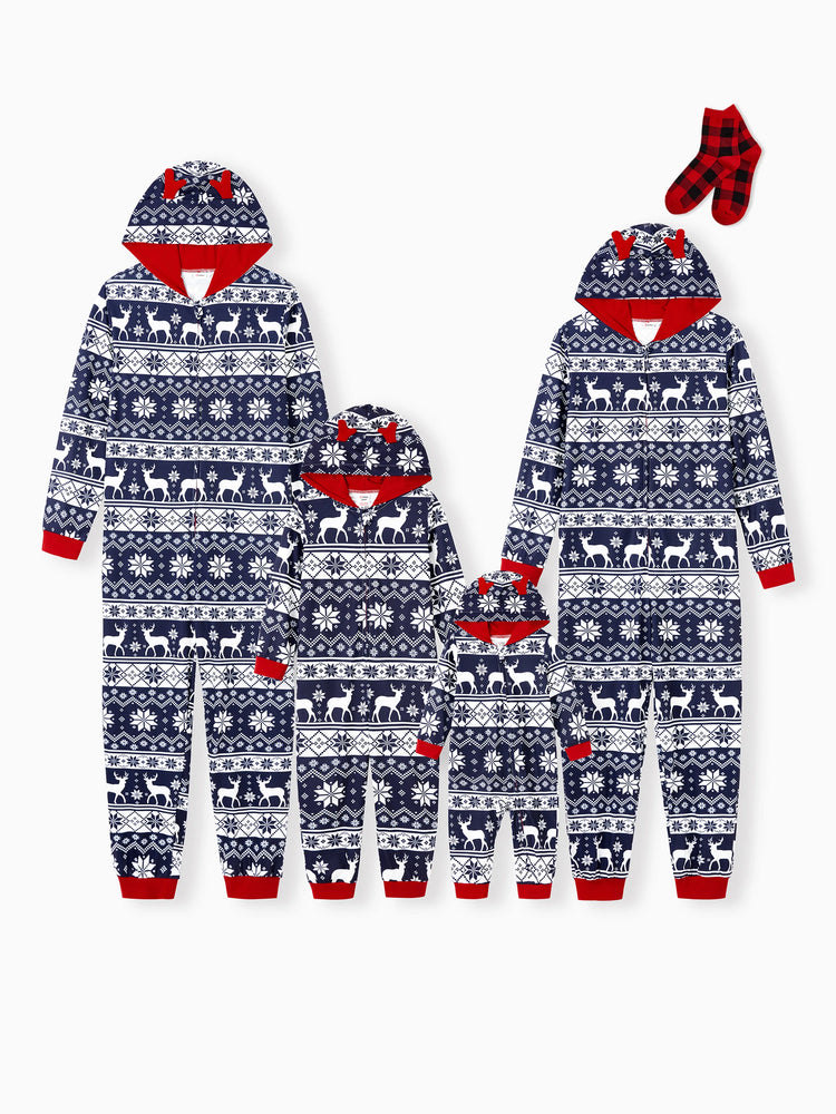 Christmas Matching Family Pajamas Set 3D Reindeer Hooded Allover Snowflake and Reindeer Print Dark Blue Onesie PJS with Christmas Socks blueblack