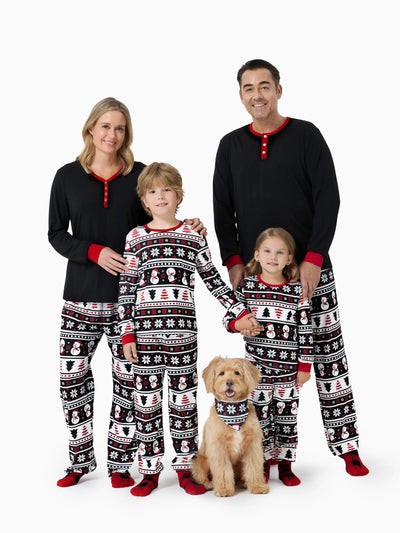 Ensemble pyjama de Noël assorti pour toute la famille, imprimé bonhomme de neige et sapin de Noël, noir, avec chaussettes de Noël noires