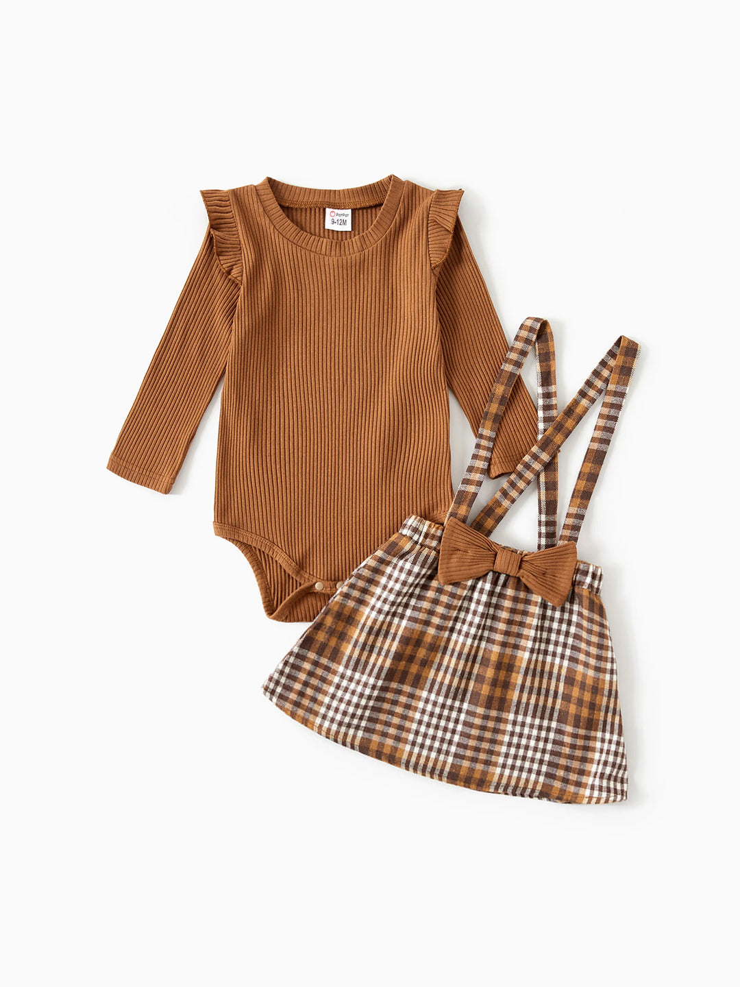 Ensemble familial assorti : robes à carreaux côtelés avec ceinture et hauts à manches longues colorblock couleur café