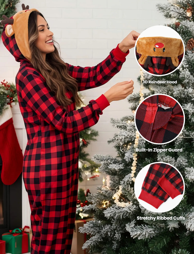 Christmas Matching Family Pajamas Set 3D Reindeer Hooded Allover Plaid Print Red Onesie PJS with Christmas Socks Red