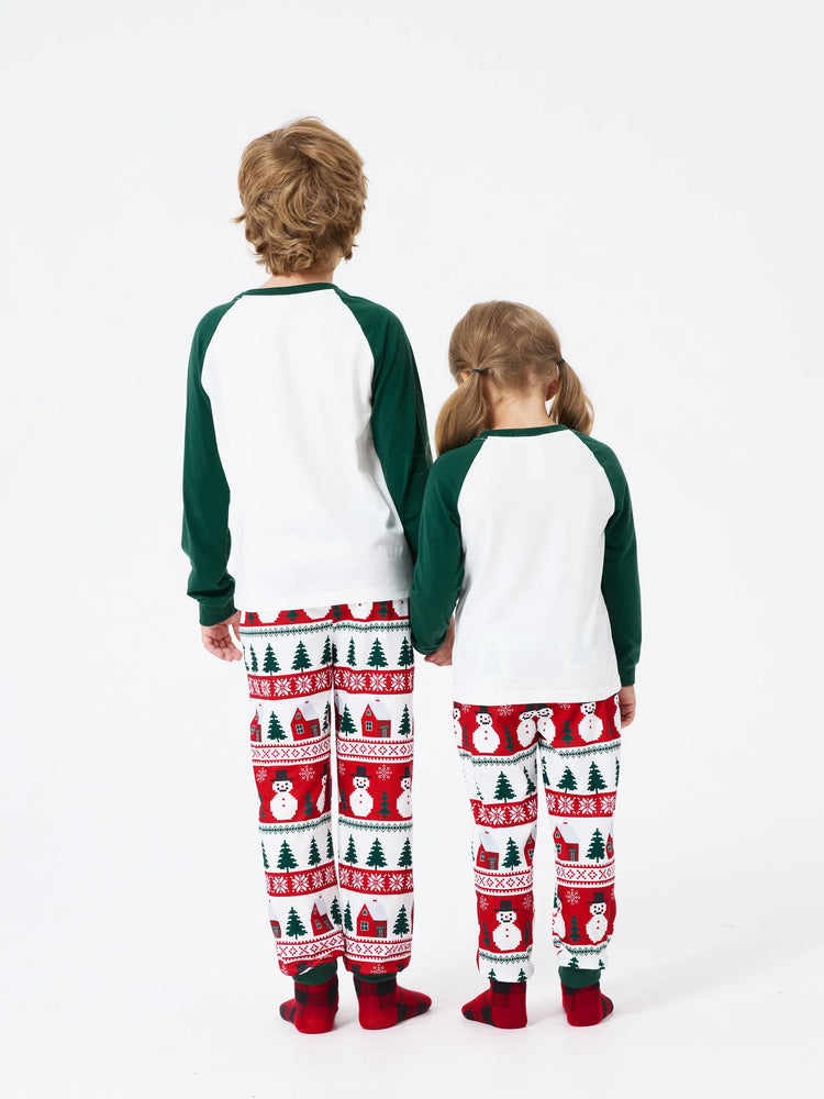 Christmas Matching Family Pajamas Set Snowman and Christmas Tree Print White PJS with Christmas Socks ( Defective Product) Dark Green