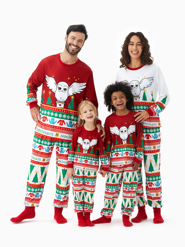 Harry Potter Christmas Matching Family Pajamas Set Christmas Tree Owl Pattern Long-sleeve PJS with Christmas Socks Red