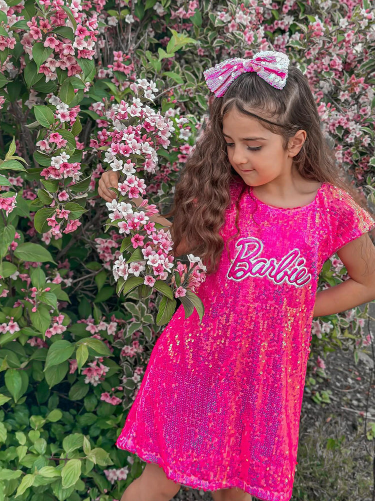 Barbie Toddler/Kid Girl Classic Barbie Letter Print Sequins Flutter-sleeve Dress Roseo
