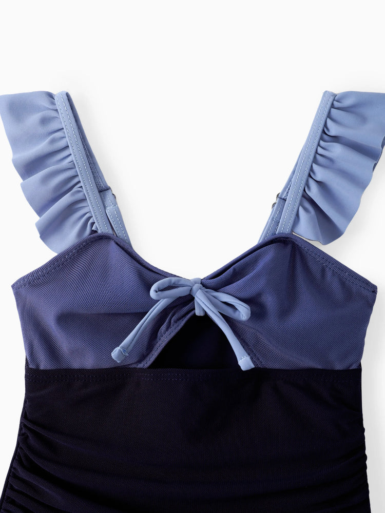 Maillot de bain une pièce assorti à cordon de serrage ou à nœud papillon froncé, en maille découpée, à volants et bretelles (séchage rapide) multicolore