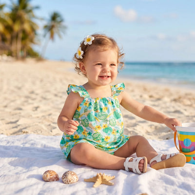 Ocean Vibes Baby Girl Tropical island Leaf Print Dress Green