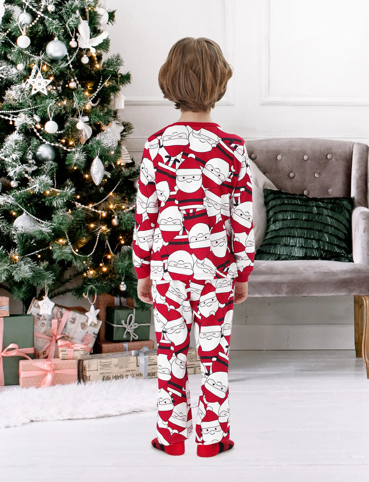 Pijama familiar navideño a juego con estampado gráfico de Papá Noel grande en la parte delantera y trasera, con bolsillos y cordón, color rojo 2