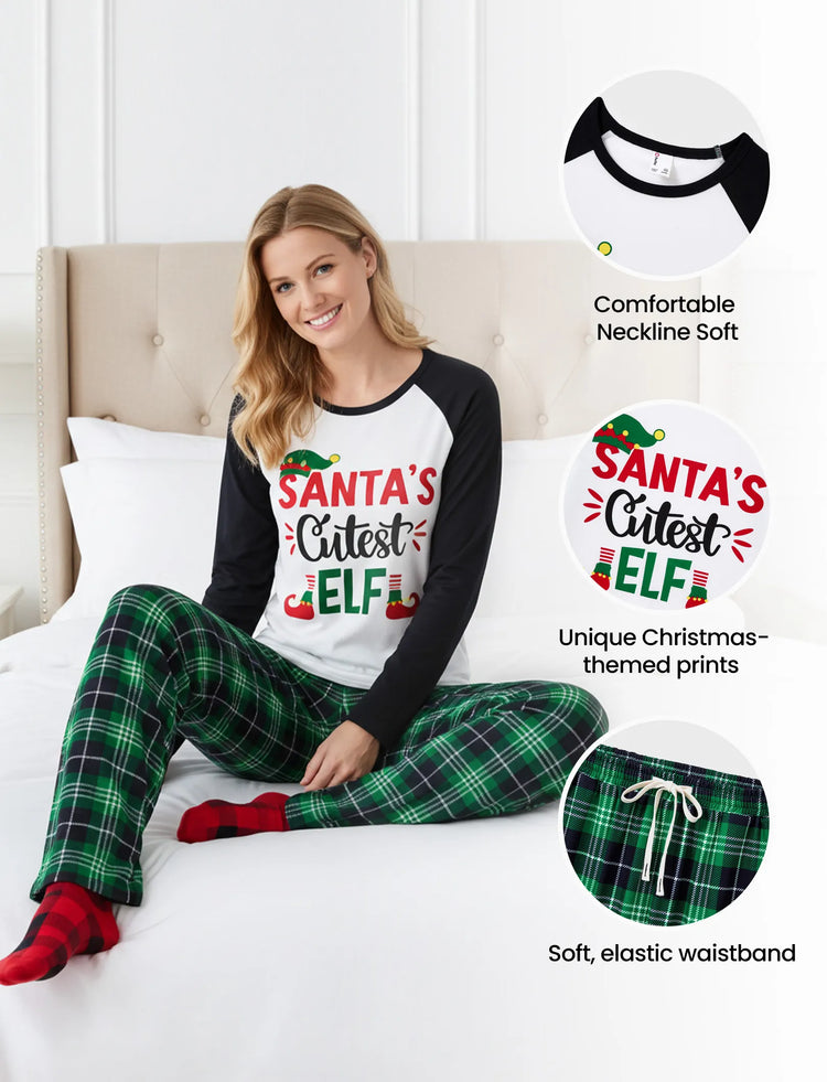 Weihnachts-Passendes Familienpyjama-Set SANTA'S Cutiest ELF Letterprint Langärmeliger grüner Gitterpyjamas mit Weihnachtssocken grün
