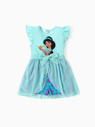 Disney Princess Jasmine Toddler Girl Jasmine Character Print Bowknot Mesh Ruffled Romper Turquoise
