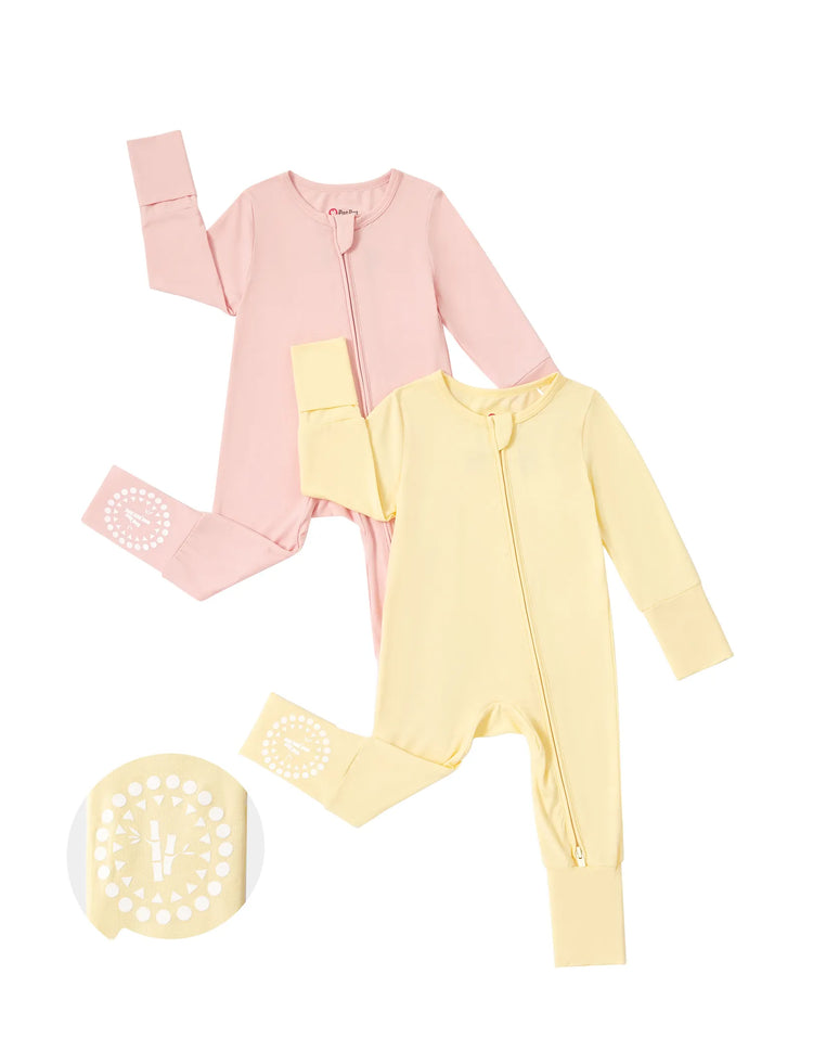 Baby 2-pack long-sleeve bamboo  footed rompers with two-way zippers and anti-slip grips, pale yellow.