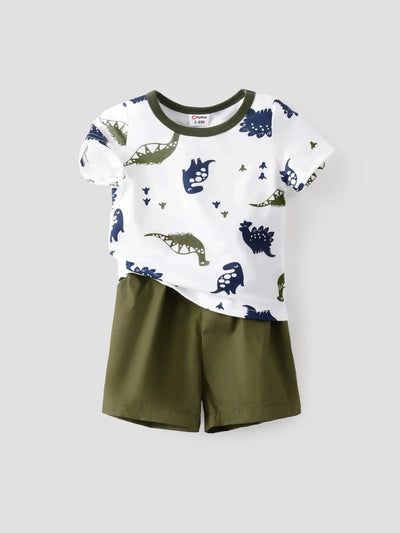 2pcs Baby Boy All Over Dinosaur Print Short-sleeve Tee and Solid Shorts Set Army green