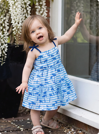 Ocean Vibes Baby Girl Palm Tree Dress Blue