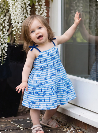 Ocean Vibes Baby Girl Palm Tree Dress Blue