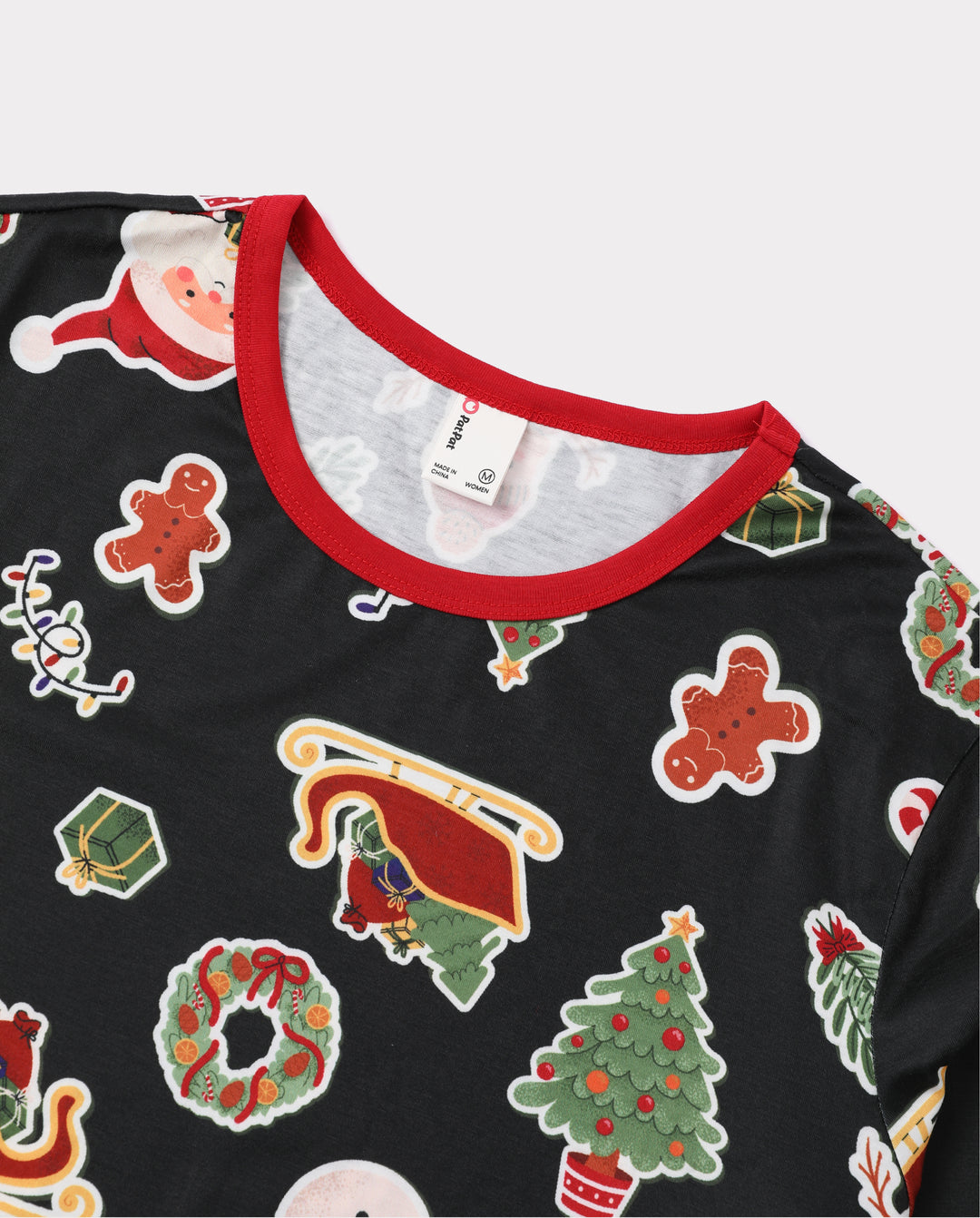 Pijamas navideños a juego para toda la familia con estampado de árboles de Navidad y muñecos de jengibre, negro