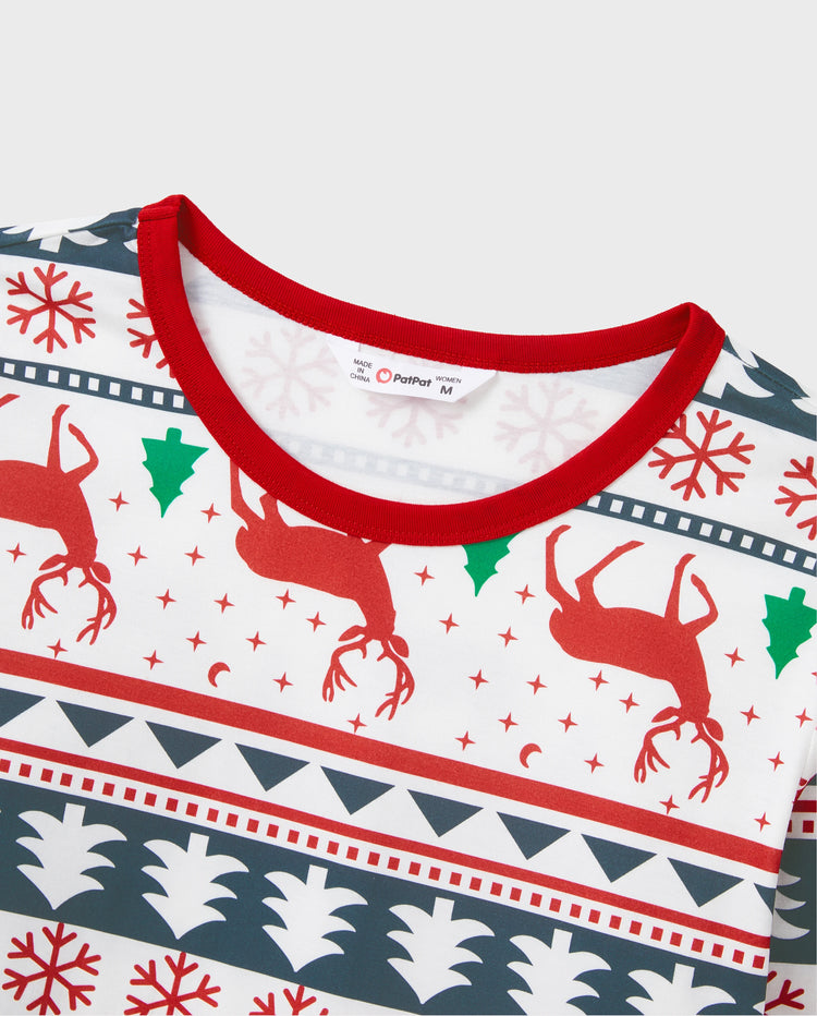 Family Christmas Pajamas All Over Reindeer Print Long-sleeve with Christmas Socks (SGS Certied Safety) Red+White
