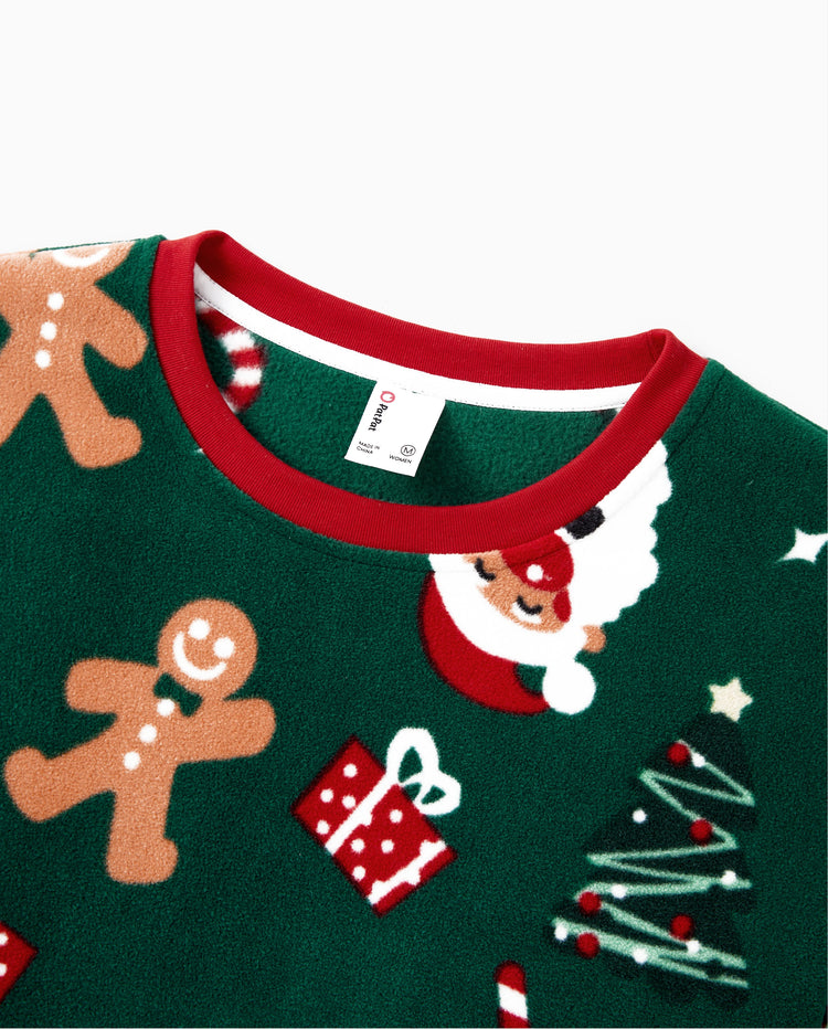 Pijama navideño familiar a juego de polar con hombrecito de jengibre, manga larga y calcetines navideños, color verde oscuro