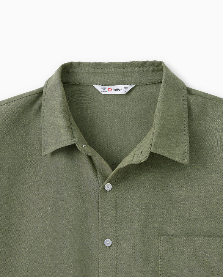 Conjuntos familiares a juego: Camisa verde de manga larga o vestido de tul bordado con hombros descubiertos y canalé verde
