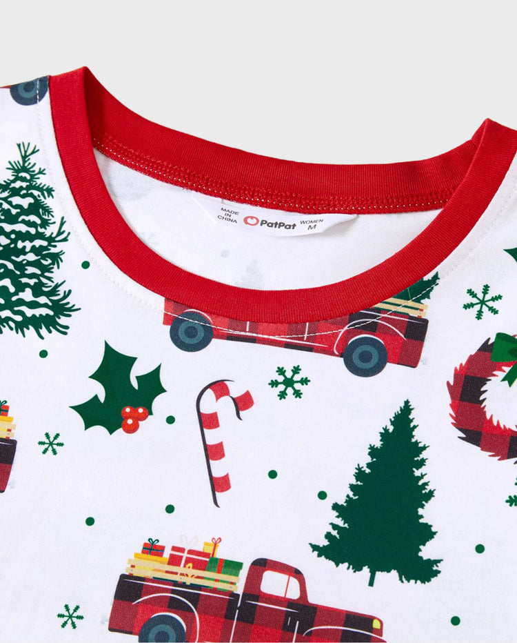 Christmas Family Matching Allover Xmas Tree & Car Print Long-sleeve Pajamas Sets with Christmas Socks Multi-color