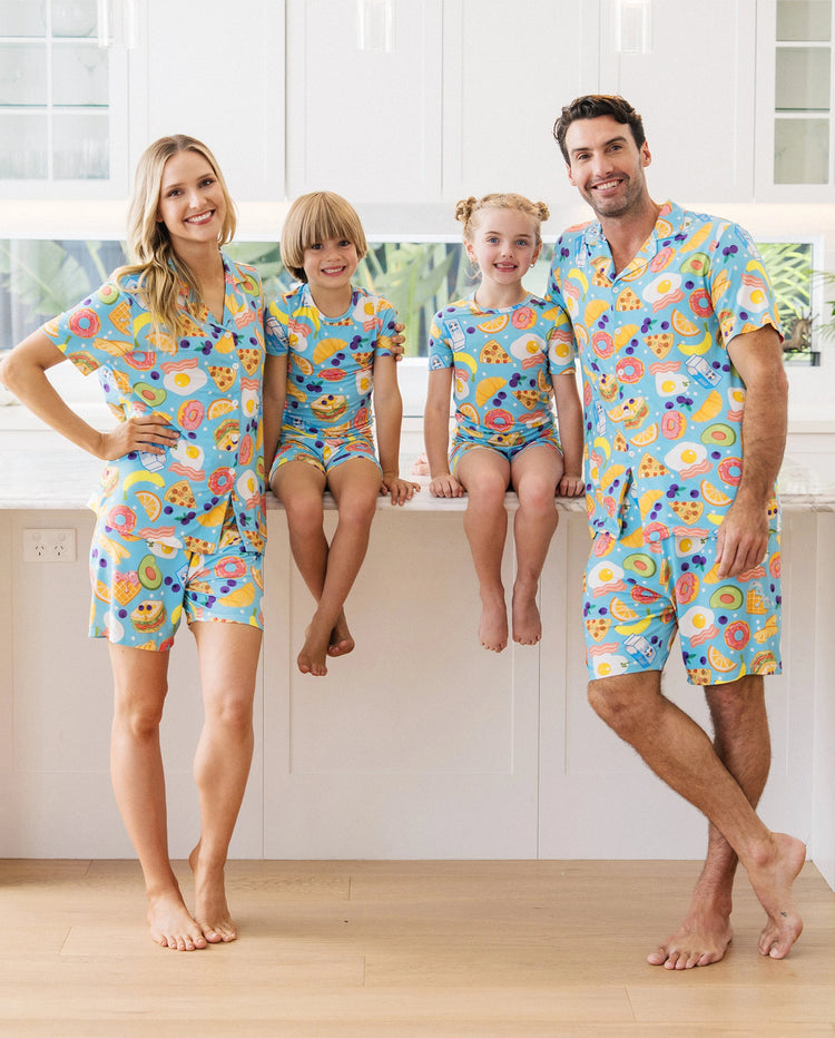 Pyjamas assortis en bambou pour toute la famille Pyjamas doux en viscose de bambou pour hommes, femmes, enfants et tout-petits, pyjama à manches courtes imprimé aliments et fruits amusants Bleu