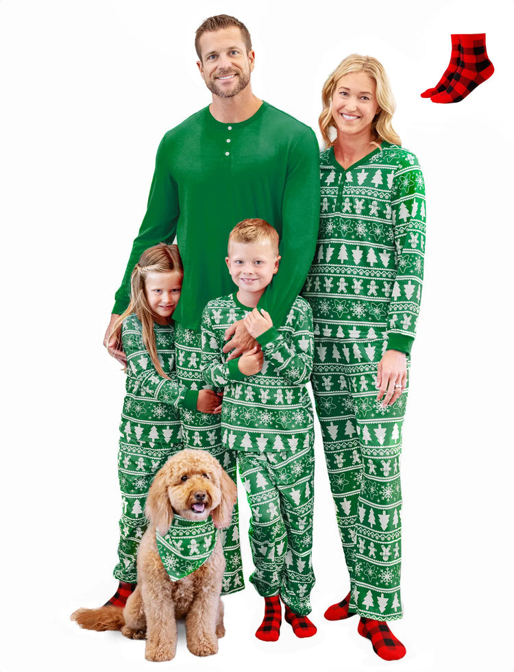 Christmas Matching Family Pajamas Set Gingerbread Man and Snowflake Pattern Long-sleeve Green PJS with Christmas Socks Dark Green
