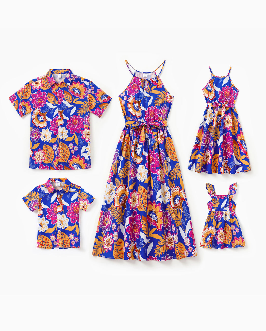 Tenues hawaïennes assorties pour la famille, vêtements de vacances à imprimé floral tropical, robe ceinturée à bretelles ou chemises à manches courtes, ensemble de vêtements de plage d'été bleu marine