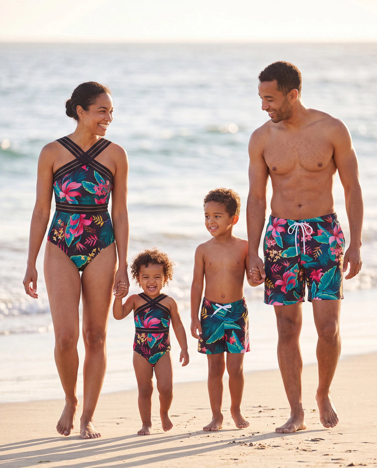 Family Matching Allover Plant Print Crisscross One-Piece Swimsuit and Swim Trunks Black