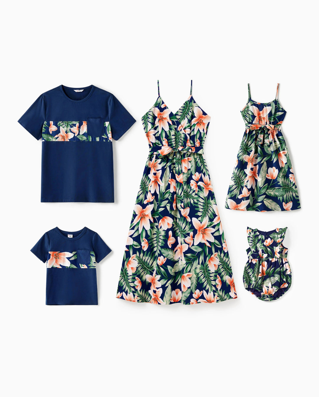 Conjuntos familiares a juego: camisetas de manga corta con paneles florales o vestidos midi con cuello en V y tirantes finos con estampado floral completo y broche oculto en azul real.