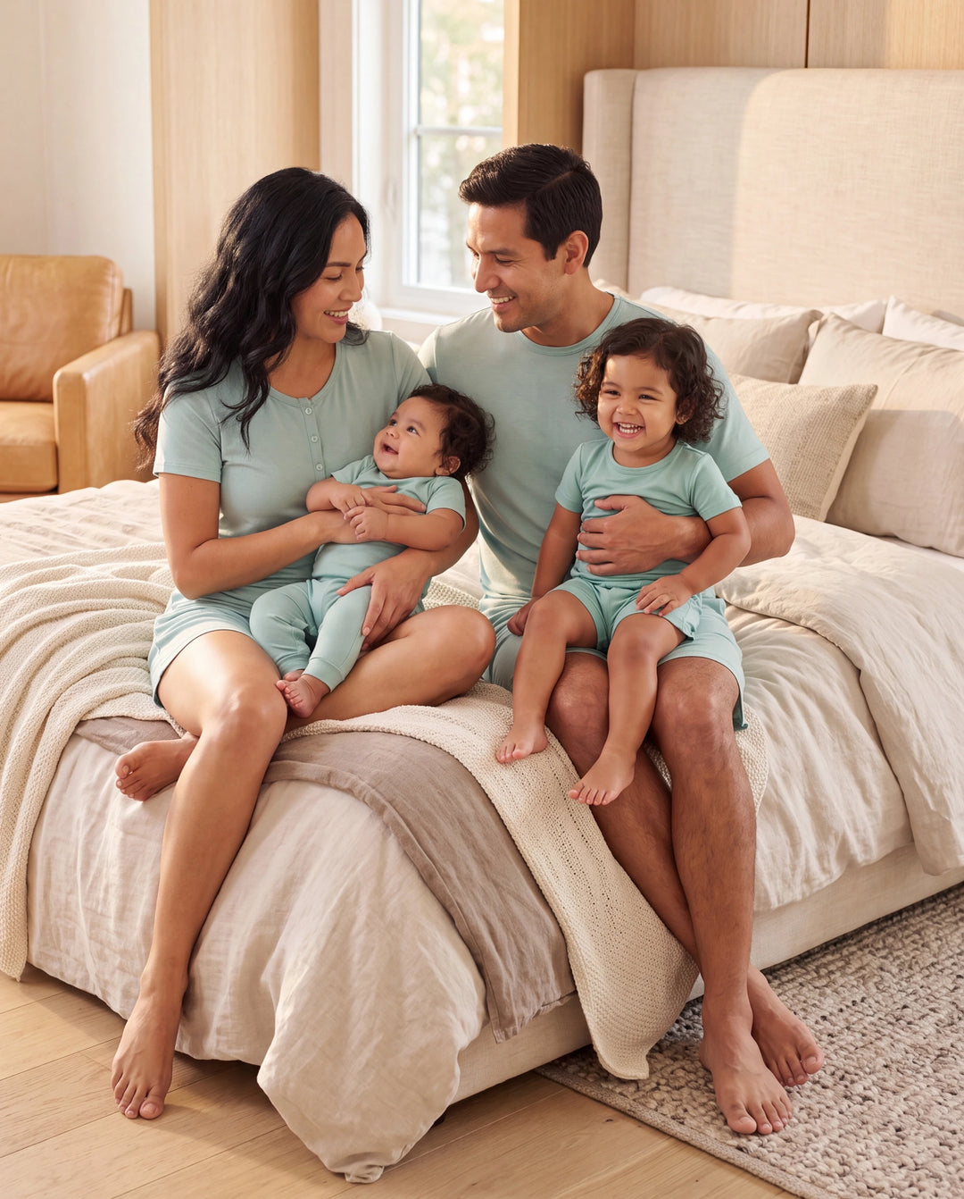 Bamboo Family Pajamas Solid Color Green Short Sleeve Matching Pajama Set ( Snug-Fitting for Children ) Green