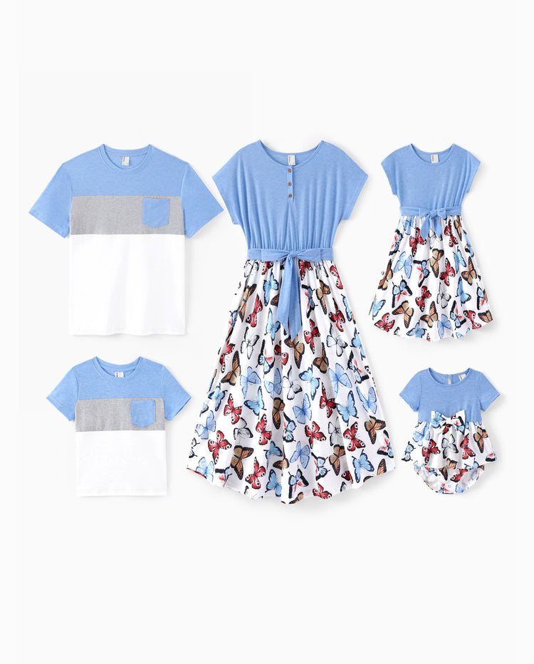 Family Matching Sets Butterfly Soft Casual Tee & Below Knee Dresses with Belted Design Blue Light Blue