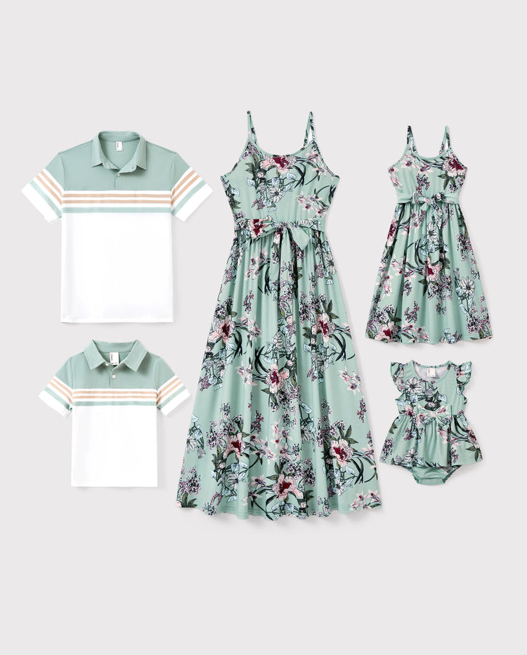 Conjuntos familiares a juego: polo de rayas verdes o vestido con cinturón y tirantes con estampado floral verde claro