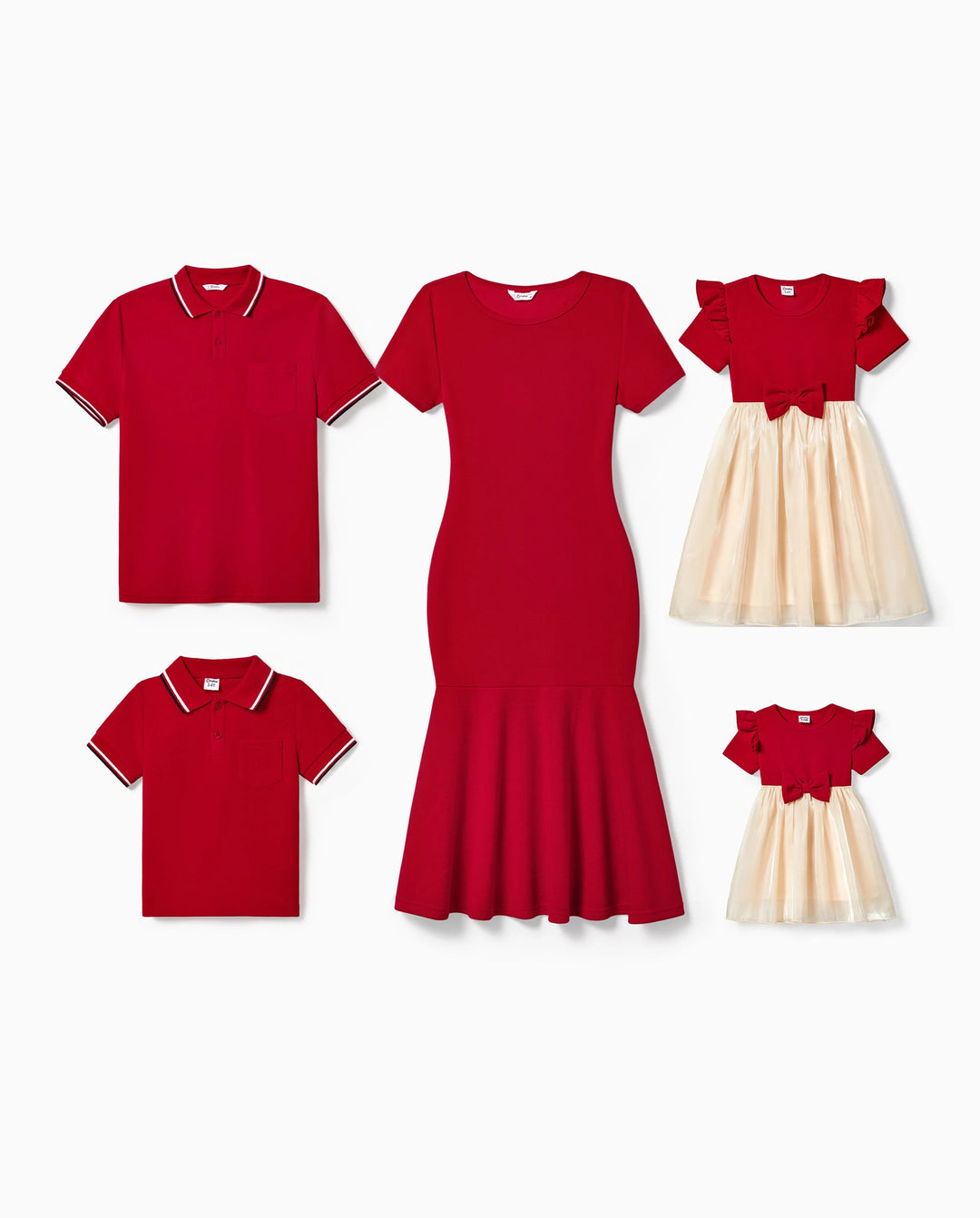 Family Matching Solid Color Short-sleeve Laper-collar Tops and Mermaid/Mesh Dresses Sets Red