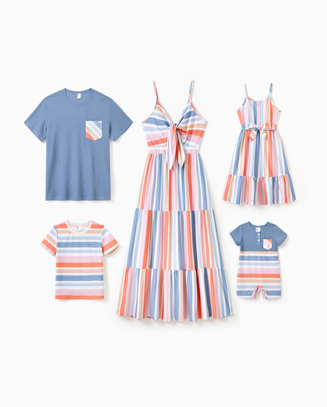 Family Matching Blue Short-sleeve Tee or Colorful Stripe Camisole Dress Multi-color