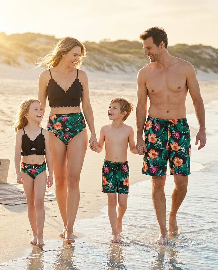 Ensemble maillots assortis famille à imprimé tropical – bikini col V et short de bain, couleur noir