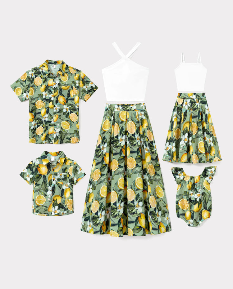 Matching Family Outfits Lemon Print Hawaiian Shirts & Summer Dresses Tropical Vacation Clothes for Men, Women & Kids Green