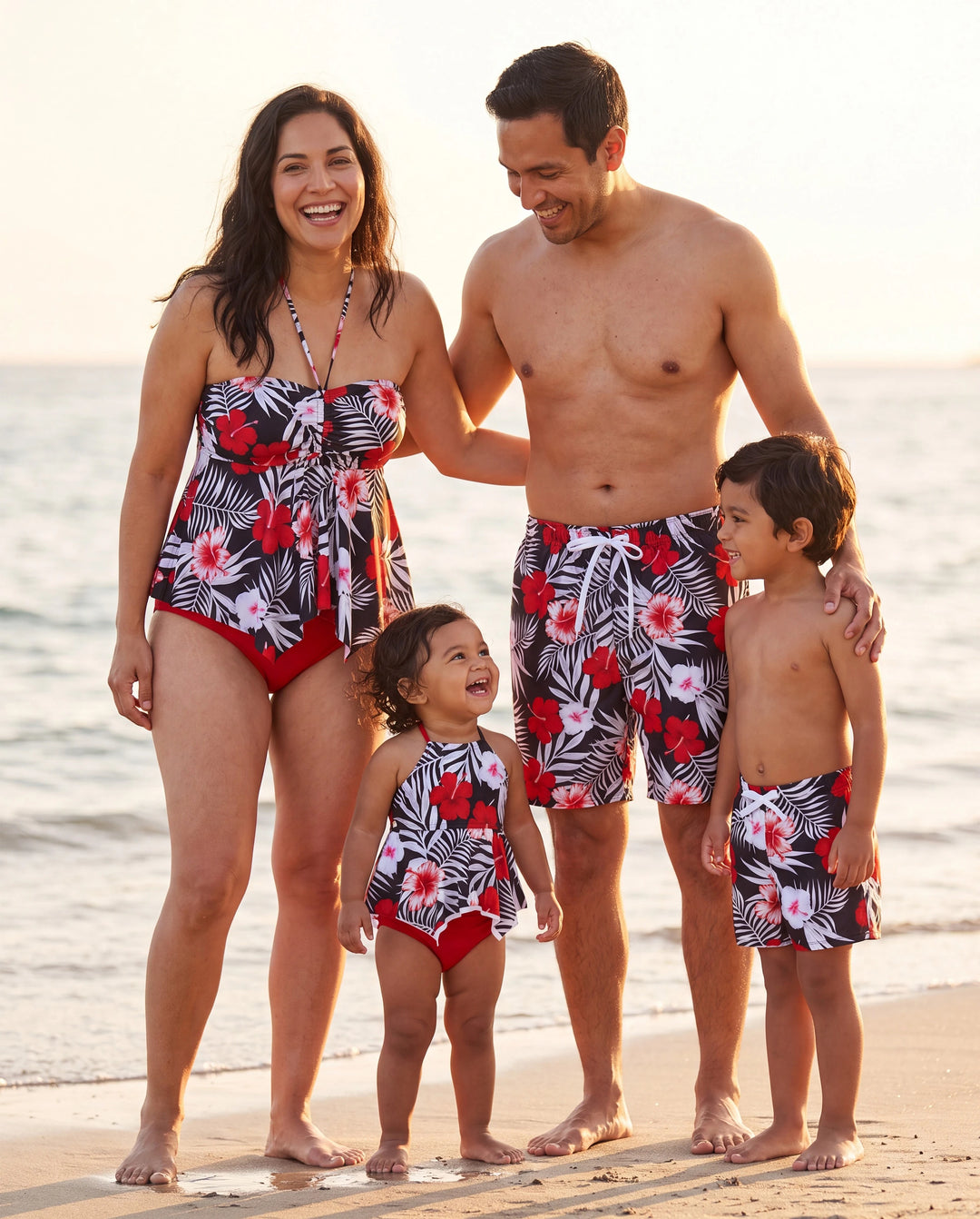 Family Matching Tropical Floral Swim Trunk or 2 Pieces Halter Swimsuit Black