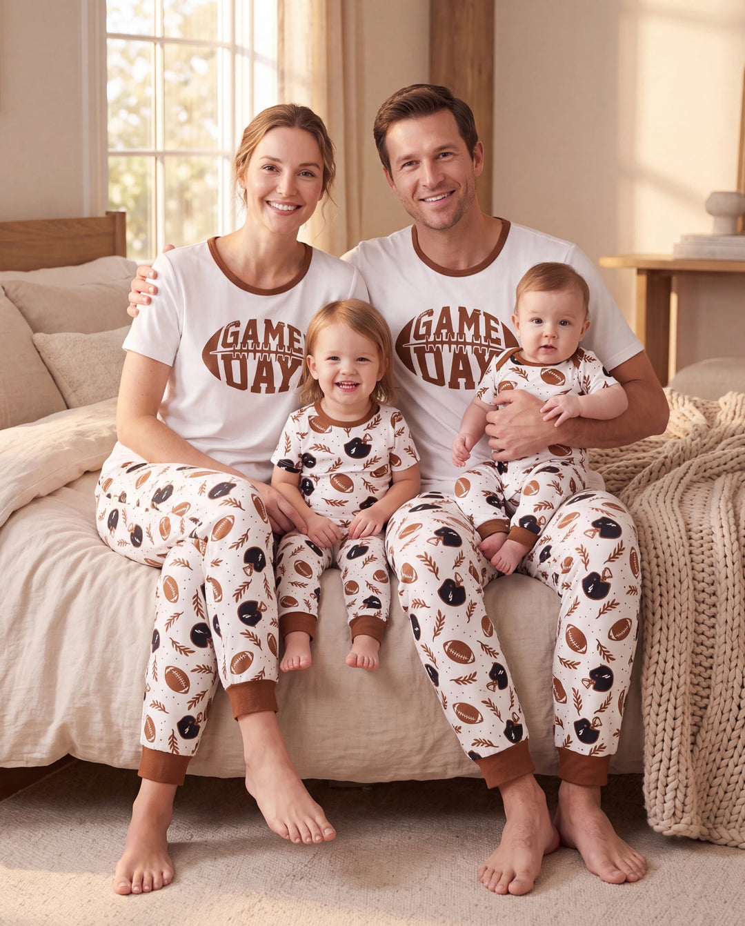 Bamboo Family Pajamas Football and Letter Print Short-sleeve Matching Pajama Set ( Snug-Fitting for Children ) Khaki