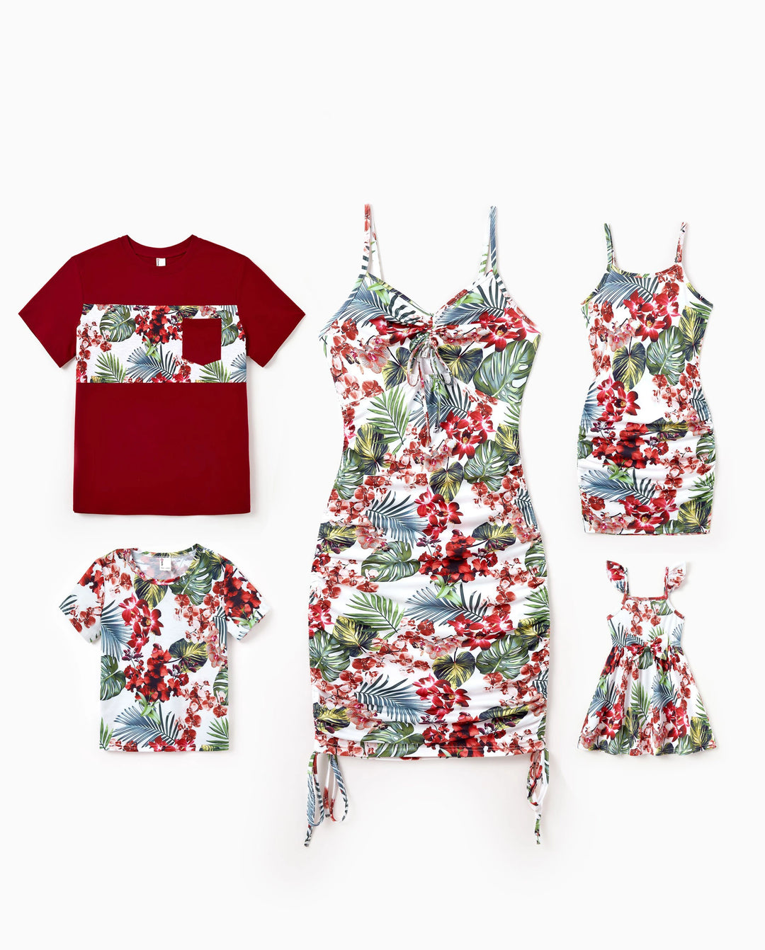 Family Matching Floral Print Outfits Tropical Print Spaghetti Strap Body-con Dress for Mom & Daughter, Color-Blocked T-Shirts for Dad & Son Perfect for Summer Vacations & Family Photos Red