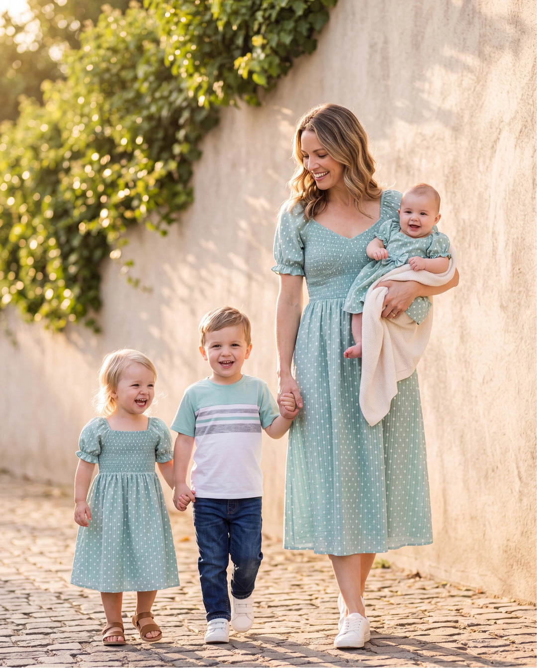 Mommy & me T-Shirt & Dress Set Polka Dot Puff-sleeve Dress for Mom, Daughter & Baby, Color Block Cotton Tee for Dad & Son, Perfect for Family Outings & Photos Light Green
