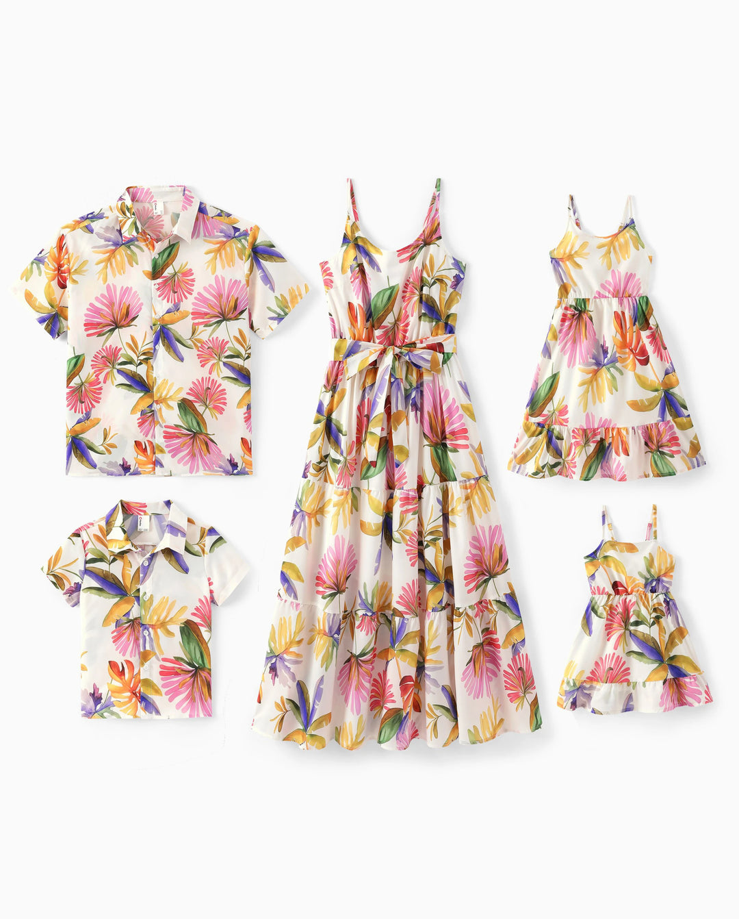 Family Matching Sets Tropical Floral V-Neck Dress & Short Sleeve Tee with Adjustable Straps Deep White Apricot