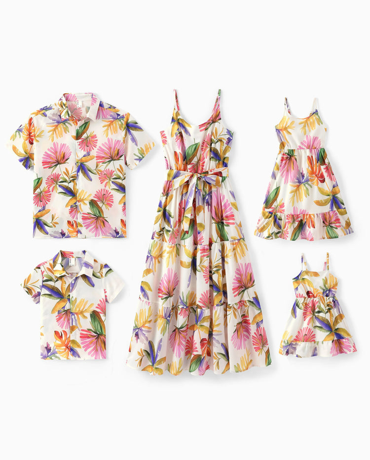 Family Matching Sets Tropical Floral V-Neck Dress & Short Sleeve Tee with Adjustable Straps Deep White Apricot