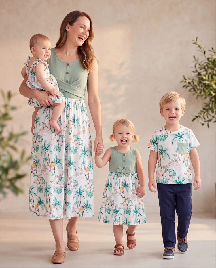 Mommy & me Tropical Print Outfits Mommy & Me Tank Dress & Kids Cotton T-Shirt Set Green