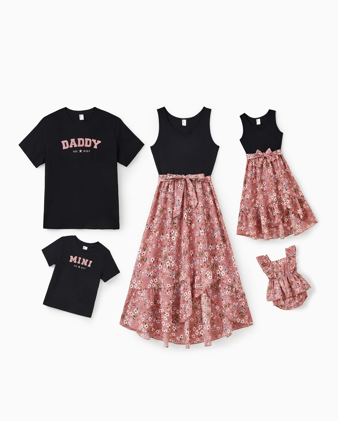 Funny Family Matching Cotton T-Shirt & Dress Set Daddy / Mini Print Black Tee for Dad and boy, Floral Print splicing Dress for Mom, girl and Baby, Perfect for Summer Family Outings Black