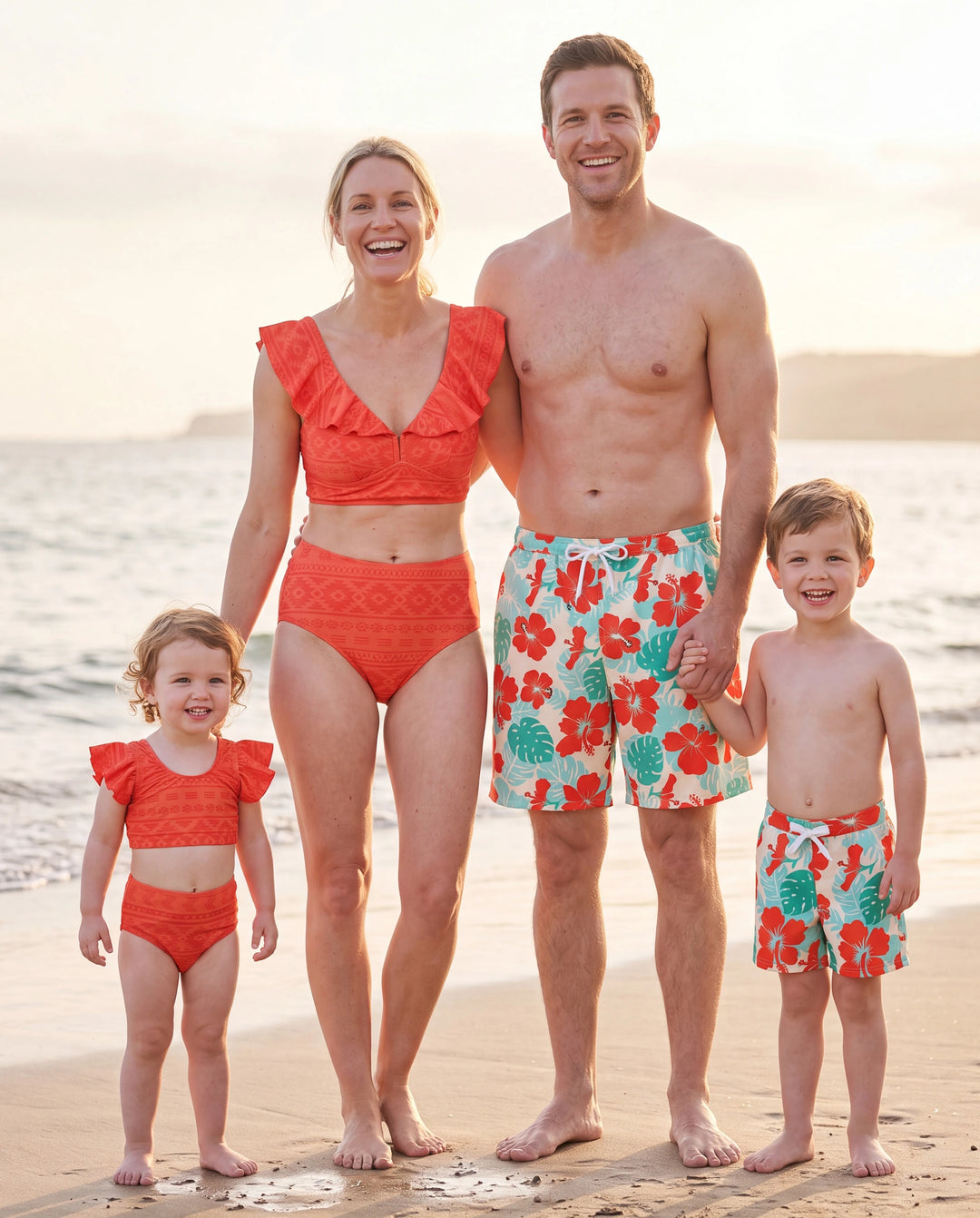 Family Matching Tropical Floral Print Swim Trunk or Ruffle Trim Bikini with Optional Beach Cover-Up Dress Orange