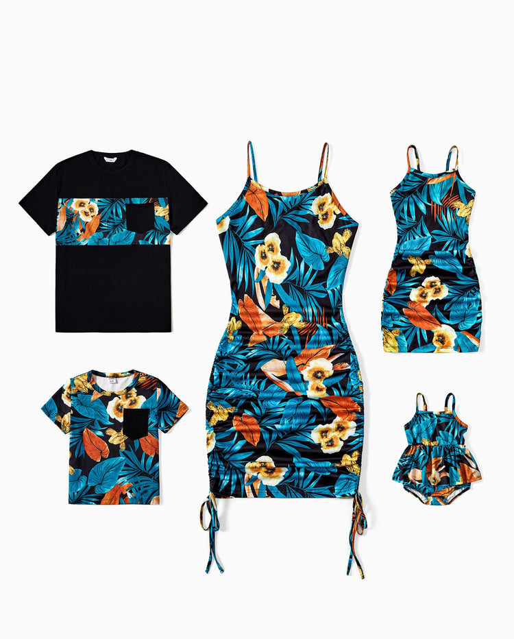 Ensembles assortis pour toute la famille : t-shirt à imprimé floral et robe à bretelles latérales avec cordon de serrage et fronces florales, noir