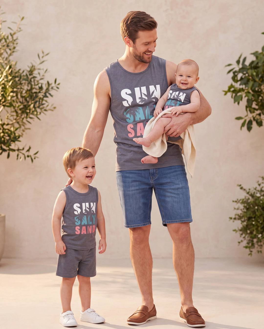 Conjunto de camiseta sin mangas con estampado de letras Daddy & Son Gris