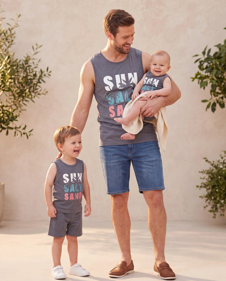 Conjunto de camiseta sin mangas con estampado de letras Daddy & Son Gris