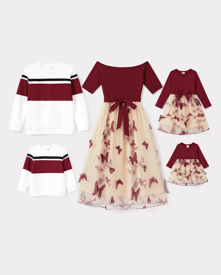 Conjuntos familiares a juego: sudadera de manga larga o vestido de tul con bordado de mariposas y hombros descubiertos color burdeos