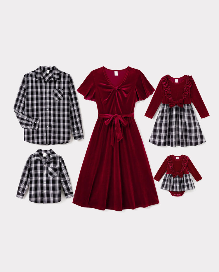 Conjuntos familiares a juego: sudadera de manga larga a cuadros en blanco y negro o vestido de terciopelo de manga corta con cinturón en color burdeos