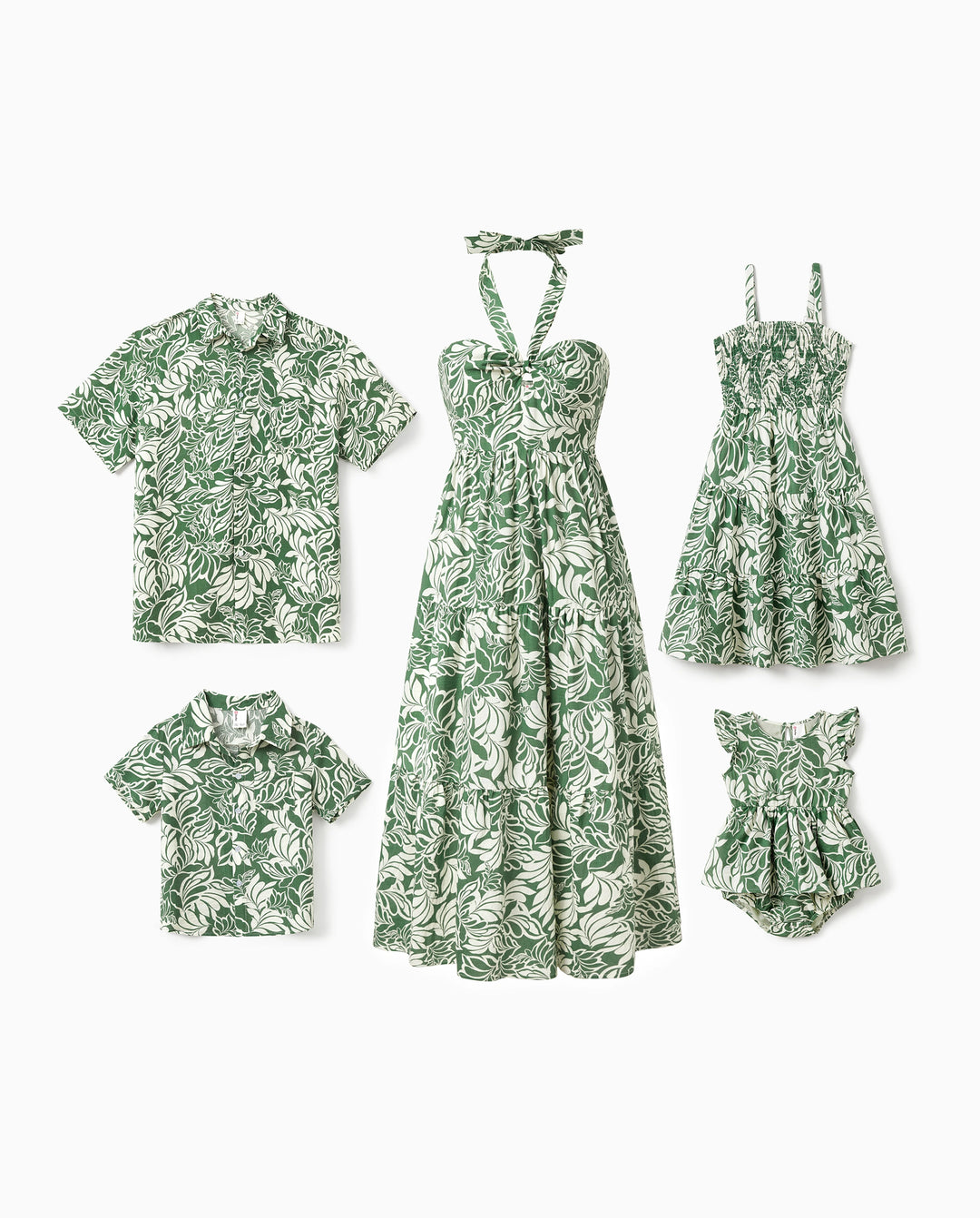 Family Matching Leaf Print Short-sleeve Shirt or Halter Dress Green Set Green