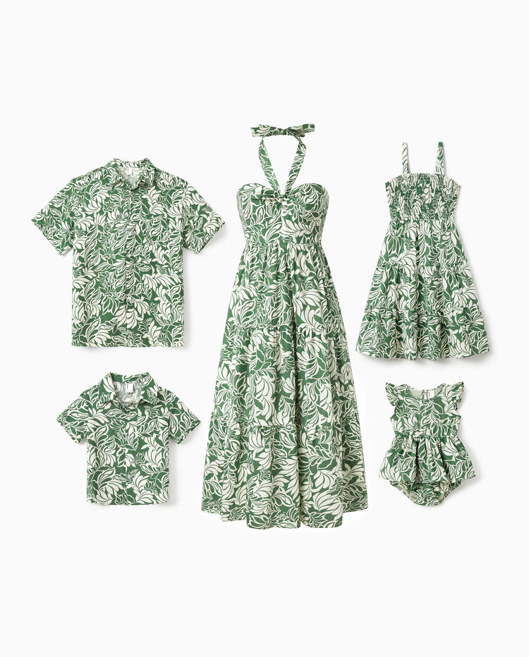 Family Matching Leaf Print Short-sleeve Shirt or Halter Dress Green Set Green